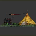 Cartoon Scene with Yellow Tent Red Flag Treasure Chest and Green Plants on Sandy Ground