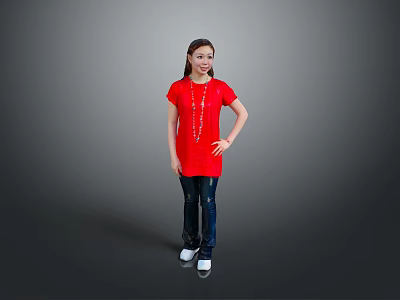 Child In Red T Shirt Dark Jeans With Necklace And White Shoes On Grey Background 3d model