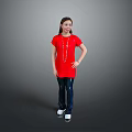 Child In Red T Shirt Dark Jeans With Necklace And White Shoes On Grey Background