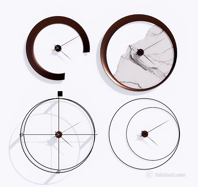 Modern Geometric Wall Clocks with Metal Frames and Marble Dials for Home Decor 3d model 