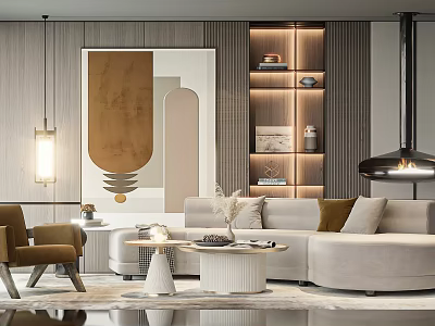 Modern Beige Sofa And Round Coffee Table Set In Stylish Living Room With Decorative Painting 3d model