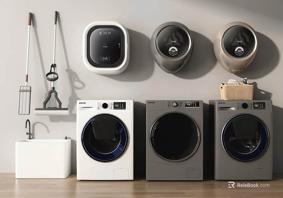Modern Washing Machines With Wall Mounted Dryers Cleaning Tools And Sink 3d model 