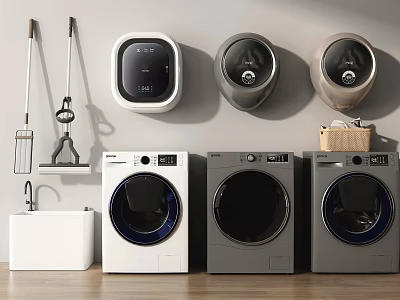 Modern Washing Machines With Wall Mounted Dryers Cleaning Tools And Sink 3d model
