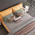 Modern Double Bed With Yellow Leather Headboard Dark Wall Light Strip Nightstands And Window View
