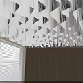 Modern White Geometric Ceiling Drapery Design With Wooden Wall And Window Blinds