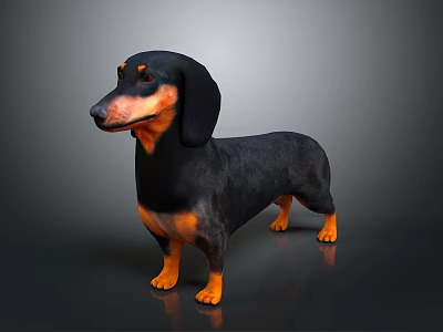 Realistic Black and Tan Dachshund 3D Model Standing on Gray Background 3d model