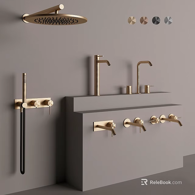 Modern Bathroom Design Featuring Golden Faucets On Grey Countertop With Control Knobs 3d model 