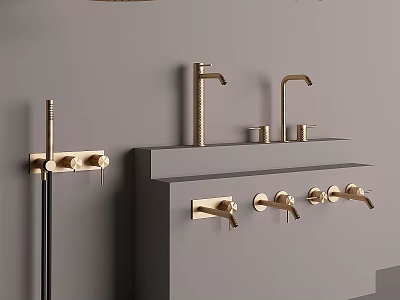 Modern Bathroom Design Featuring Golden Faucets On Grey Countertop With Control Knobs 3d model