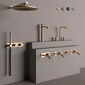Modern Bathroom Design Featuring Golden Faucets On Grey Countertop With Control Knobs 3d model