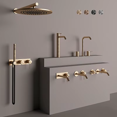 Modern Bathroom Design Featuring Golden Faucets On Grey Countertop With Control Knobs 3d model