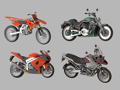 Different Types Of Motorcycles Including Off Road Cruiser Sport And Touring Models 3d model