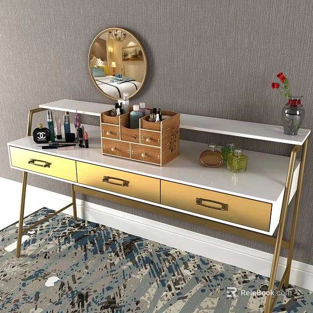 Modern White Dressing Table With Gold Drawers And Cosmetic Organizer Mirror And Red Flower Vase 3d model 