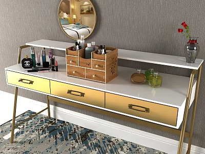 Modern White Dressing Table With Gold Drawers And Cosmetic Organizer Mirror And Red Flower Vase 3d model