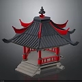 Traditional Chinese Style Pavilion Architecture With Red Eaves Gray Tiled Roof And Stone Steps