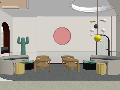 Hotel Public Lounge Area With Curved Sofas Chairs Circular Pink Wall Art And Cactus Decor 3d model