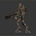 Brown Mechanical Robot With Red Eyes Holding Large Weapon In Standing Pose