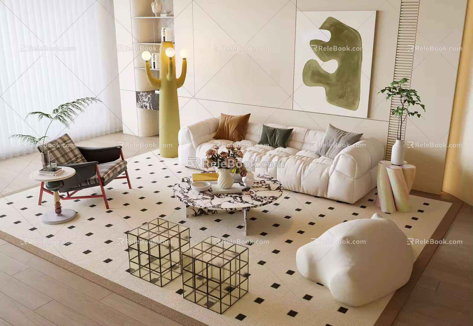 Cream style sofa coffee table combination double sofa single chair pier 3d model