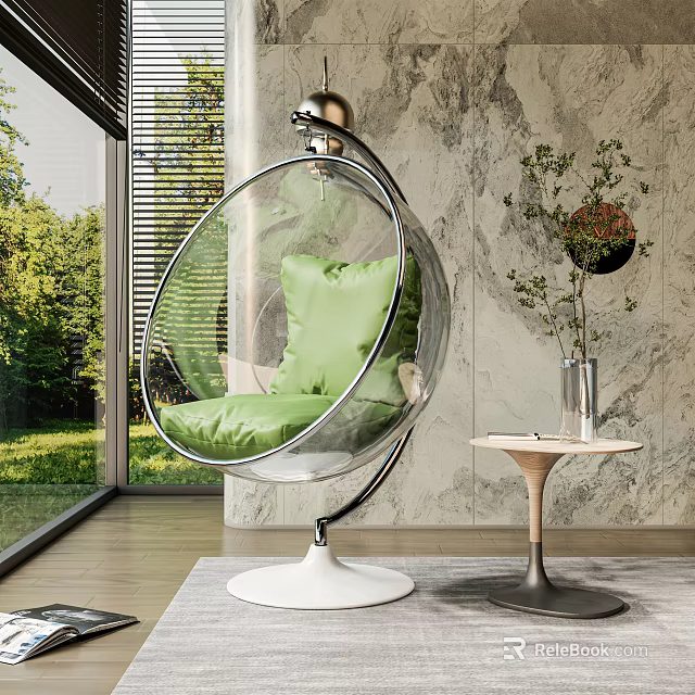 Transparent Spherical Hanging Chair With Green Cushion White Base And Marble Wall 3d model 