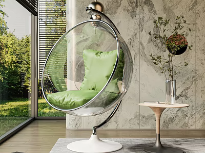 Transparent Spherical Hanging Chair With Green Cushion White Base And Marble Wall 3d model