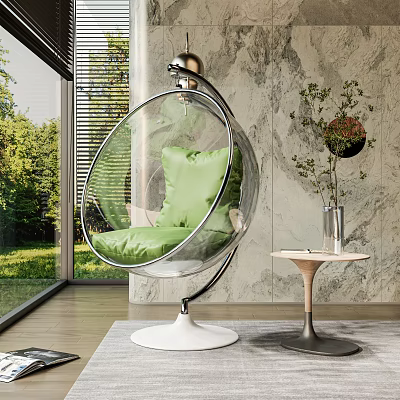 Transparent Spherical Hanging Chair With Green Cushion White Base And Marble Wall 3d model