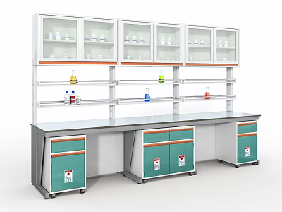 Functional Laboratory Setup With Lab Bench Glass Fronted Cabinets And Storage Shelves 3d model