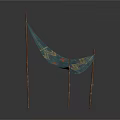 Triangle Cloth Canopy With Geometric Pattern Red Stars And Wooden Poles