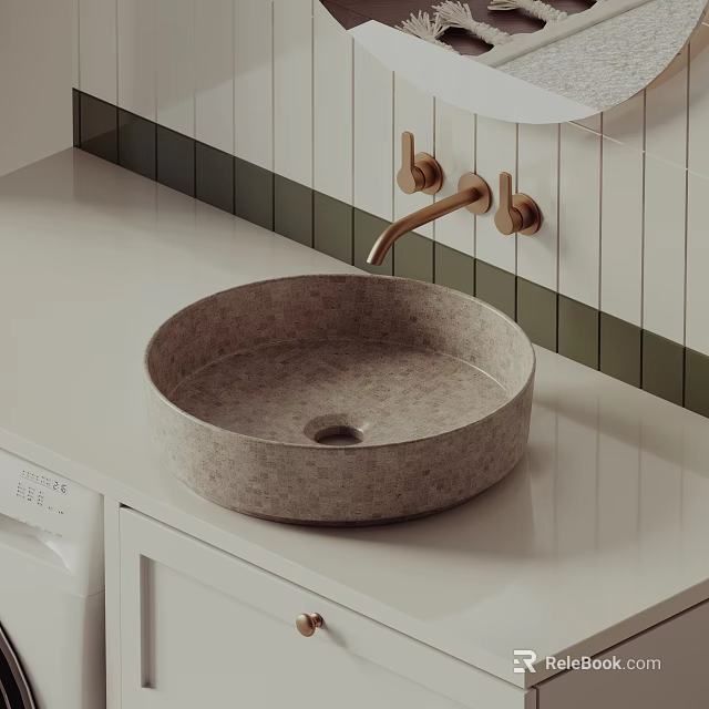Round Concrete Washbasin With White Countertop And Brass Wall Mounted Faucet In Modern Bathroom 3d model 