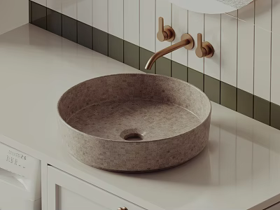 Round Concrete Washbasin With White Countertop And Brass Wall Mounted Faucet In Modern Bathroom 3d model