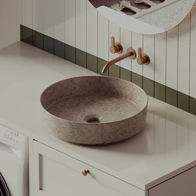 Round Concrete Washbasin With White Countertop And Brass Wall Mounted Faucet In Modern Bathroom 3d model