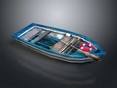 Small Wooden Boat With Blue Hull Lifebuoy Oar And Traditional Design 3d model