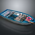 Small Wooden Boat With Blue Hull Lifebuoy Oar And Traditional Design