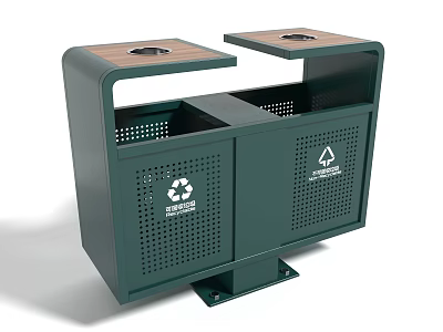 Public Green Metal Trash Can With Dual Compartments Wooden Lids And Recycling Symbols 3d model