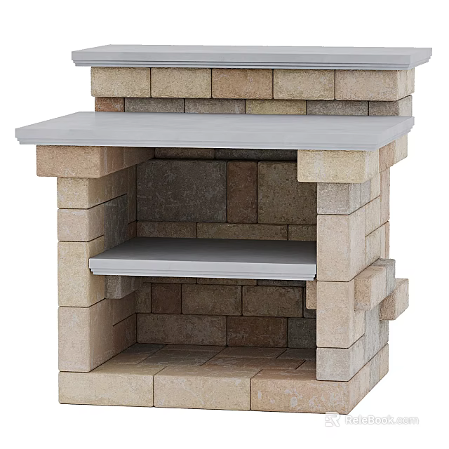 Stone Fireplace With Built In Shelves And Layered Stone Look 3d model 