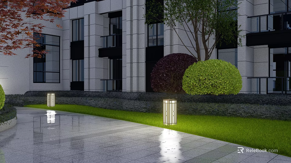 Modern Outdoor Lights For Garden Lawn With Trimmed Bushes Stone Path And Modern Building 3d model 