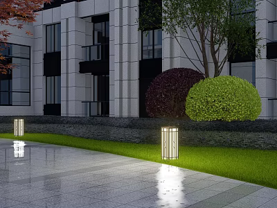 Modern Outdoor Lights For Garden Lawn With Trimmed Bushes Stone Path And Modern Building 3d model