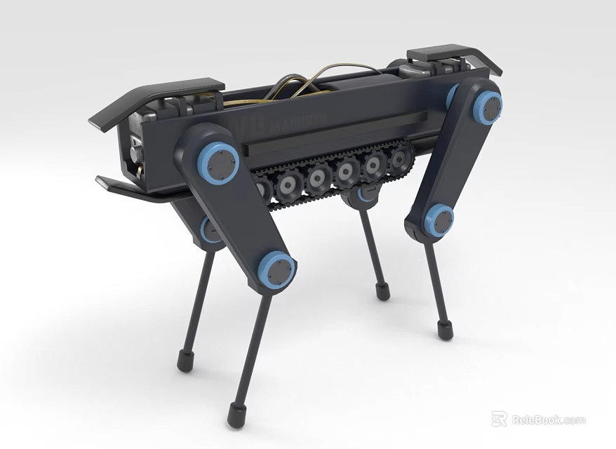 Mechanical Dog Robot 3D Model Featuring Black Body Tracks Gears And Blue Circular Parts 3d model 