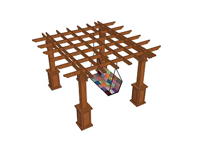 Outdoor Wooden Pergola with Lattice Top and Hanging Colorful Swing Supported by Sturdy Columns 3d model