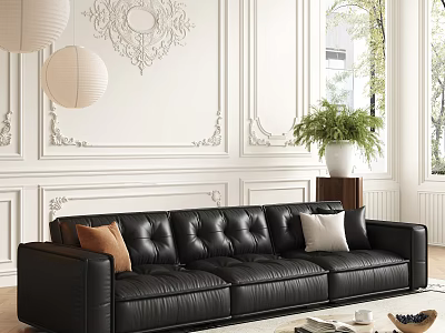 Black Leather Sofa and Coffee Table With Brown White Cushions Green Plant and White Walls 3d model