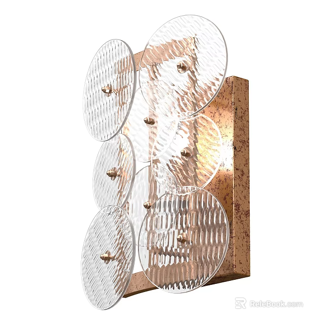 Modern Wall Lamp With Transparent Rippled Glass Discs And Wooden Backplate 3d model 