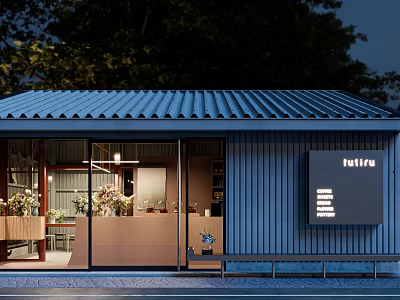 Modern Mall Shop Exterior Featuring Blue Roof Glass Door And Indoor Plants 3d model