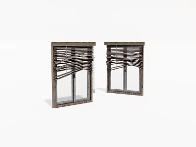 Wooden Woven Blinds On Double Glass Windows With Dark Frame Design 3d model