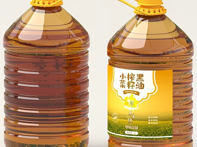 Small Pressed Black Rapeseed Oil In Transparent Bottles With Yellow Label Design 3d model