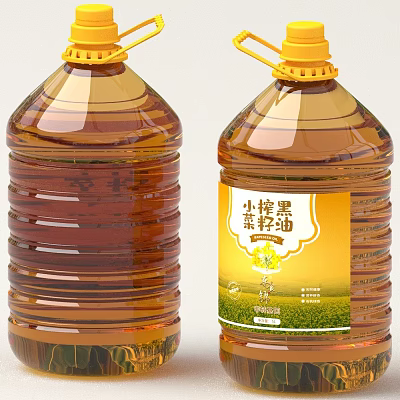 Small Pressed Black Rapeseed Oil In Transparent Bottles With Yellow Label Design 3d model