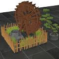 Rustic Courtyard Garden With Wooden Water Wheel Bamboo Fence Stone Mill And Potted Pine Tree