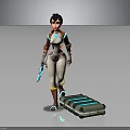 Female Character In White Bodysuit With Brown Red Coat Holding Blue Gun And Green Creature