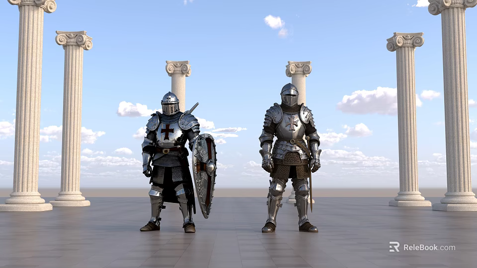 Landscape Sculptures Of Knight Armor With White Columns Blue Sky Clouds Gray Stone Floor 3d model 