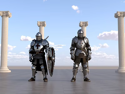 Landscape Sculptures Of Knight Armor With White Columns Blue Sky Clouds Gray Stone Floor 3d model