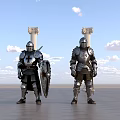 Landscape Sculptures Of Knight Armor With White Columns Blue Sky Clouds Gray Stone Floor