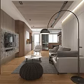 Modern Minimalist Dining and Living Room Interior With Wooden Flooring Glass Partition And Pendant Light