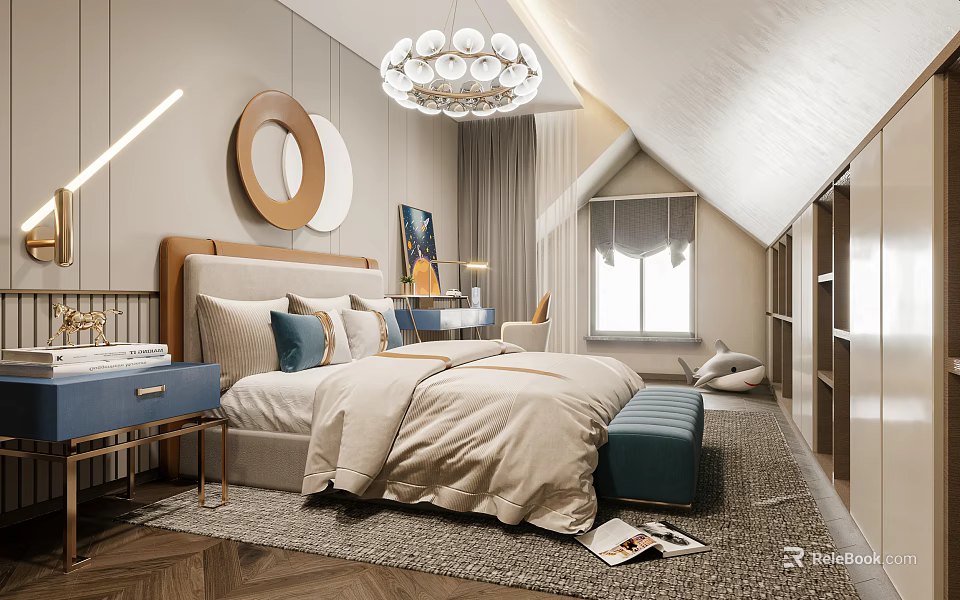 Cozy Kids Room Interior Design With Bed Nightstand Chandelier Window Rug And Bookshelf 3d model 